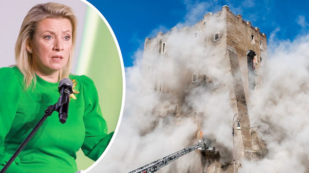 Die russische Außenamtssprecherin Maria Sacharowa hat nach dem Teileinsturz des Torre dei Conti einen Zusammenhang mit dem Ukraine-Krieg hergestellt. Foto: IMAGO/ITAR-TASS, IMAGO/ZUMA Press/Francesco Fotia