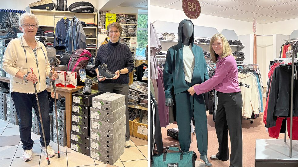 Wer Wanderschuhe und -stöcke sucht, wird bei Mode & Sport Lay garantiert fündig. Christel Röben (links) und Sigrun Welzel helfen gerne bei der Auswahl. Auch die Auswahl an Sportkleidung ist groß. Ricarda Heisig (rechts) berät kompetent.