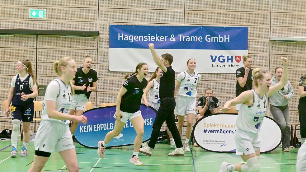 Sieg in letzter Sekunde: Die Zweitliga-Basketballerinnen des BBC Osnabrück und Trainer Radion Gross (Mitte) bejubeln das 71:70 gegen Eintracht Braunschweig. Foto: Helmut Kemme