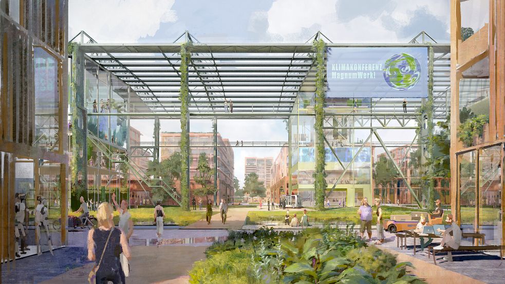 So könnte das Zentrum des Magnum-Quartiers einmal aussehen: Die Halle 4 bleibt als Skelett erhalten und wird zum Treffpunkt. Die Planungen für das ehemalige Stahlwerksgelände im Fledder haben die nächste Planungsstufe erreich. Foto: Wilfried Hinrichs