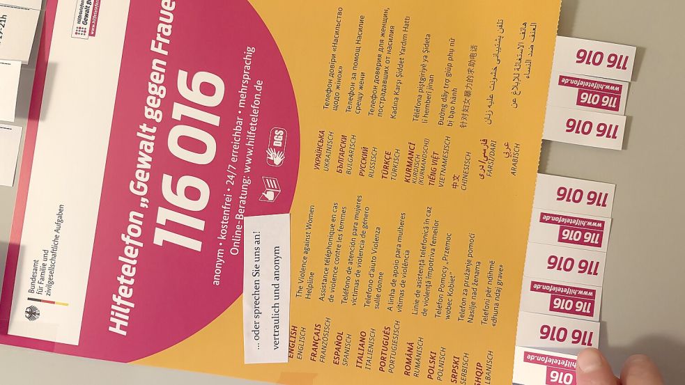 In Toilettenräumen beispielsweise können die Abreißplakate mit der bundesweiten Hilfetelefonnummer „Gewalt gegen Frauen“ (08000 116 016) angebracht werden. Foto: Landkreis Leer