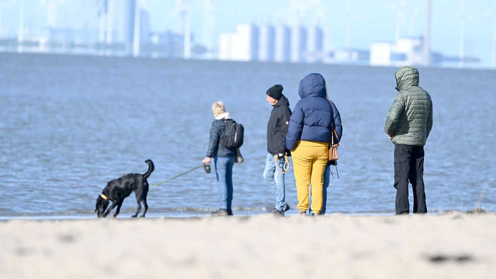 Emden: Menschen sind bei sonnigem Herbstwetter an der Knock unterwegs. In Emden wird im Stundentakt die Luftqualität gemessen. Foto: Lars Penning/dpa