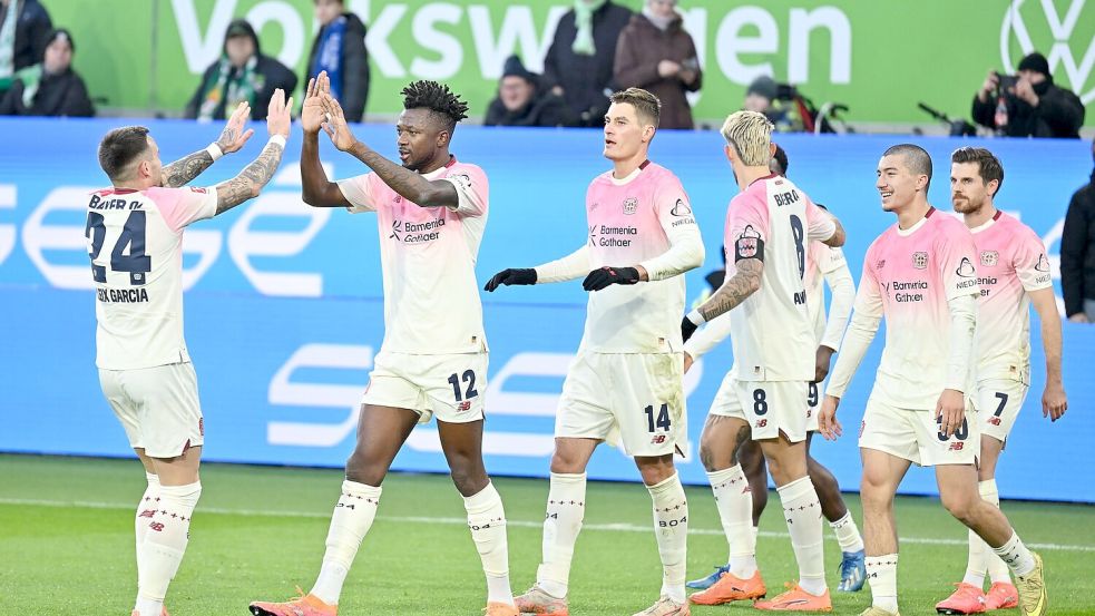 Allen Grund zum Jubeln hatten die Spieler von Bayer Leverkusen in Wolfsburg. Foto: Swen Pförtner