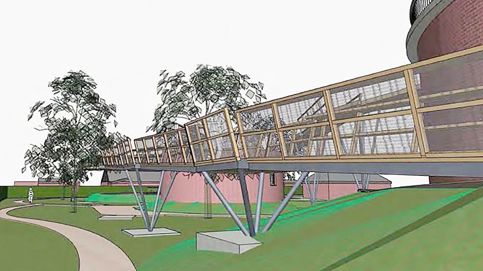 So soll die Stahlbrücke aussehen, die durch ein kleines Wäldchen beim Ökowerk führt: Vorklärbecken, Tropfkörper und Nachklärbecken (von links nach rechts) verbunden durch den Baumwipfelpfad. Auf der Grafik sind nicht viele Bäume zu sehen, in Wirklichkeit stehen dort aber mehr. Grafik: Ökowerk