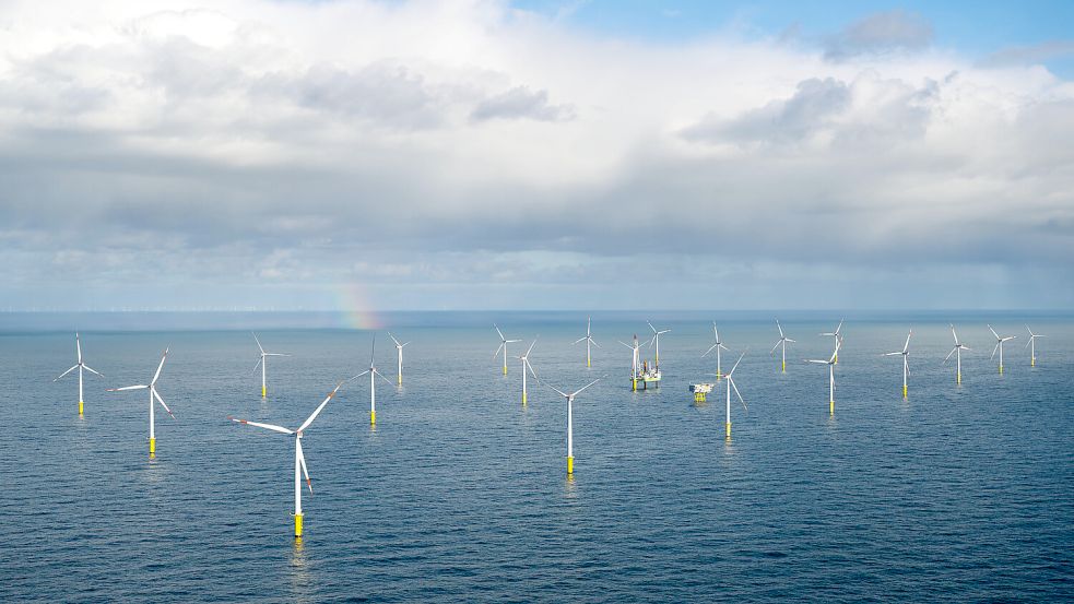Der Offshore-Windpark Riffgat rund 15 Kilometer nördlich der Insel Borkum. Er war der erste kommerzielle deutsche Windpark in der Nordsee. Foto: Sina Schuldt/DPA