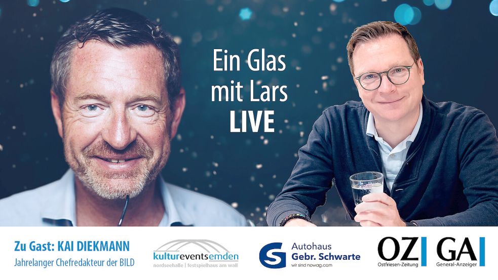 Die nächste Live-Veranstaltung von „Ein Glas mit Lars“ wird erstmalig in Emden stattfinden. Grafik: Sarah van Allen