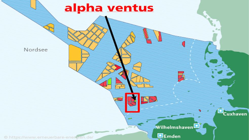 Die Lage von "Alpha Ventus" in der AWZ der Nordsee: Zusammen mit dem Pilot-Windpark startete die Forschunginitiative RAVE des Fraunhofer-Instituts. In über 35 Forschungsprojekten wurden seit 2008 für verschiedenste Fragen der Offshore Windenergienutzung Lösungen gefunden. Mit der Bekanntgabe des Beginns der Planung für den Rückbau von Alpha Ventus rücken nun diese Themen in den Fokus. Grafik: RAVE