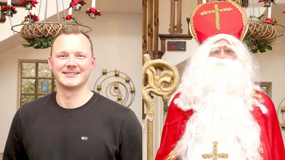 Vorher – nachher: Lukas Sutmöller verwandelt sich am 7. Dezember in den Nikolaus. Auf dem Nikolausmarkt in Gesmold verteilt er milde Gaben. Foto: Thomas Wübker