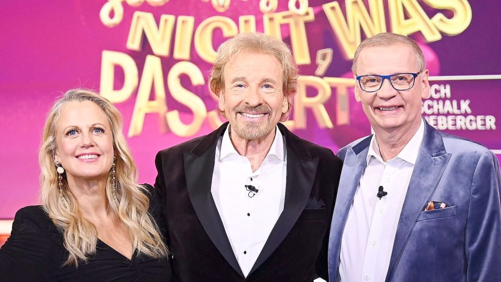 Moderator Thomas Gottschalk mit Günther Jauch und Barbara Schöneberger. Foto: Julia Feldhagen/RTL/dpa