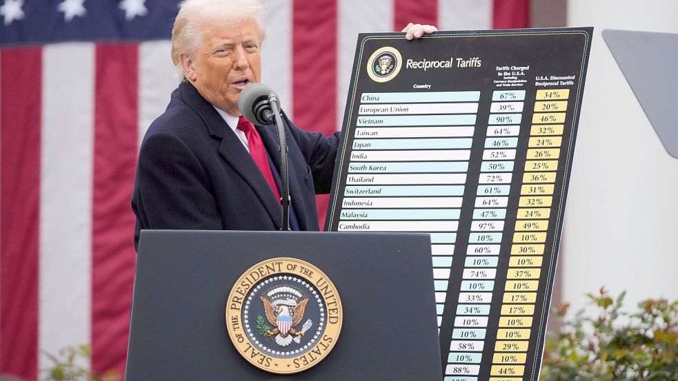 Donald Trump bei der Verkündung seiner Zölle - inzwischen hat sich die Höhe geändert, den meisten Regionen in Deutschland tun sie trotzdem weh. (Archivbild) Foto: Mark Schiefelbein/AP/dpa