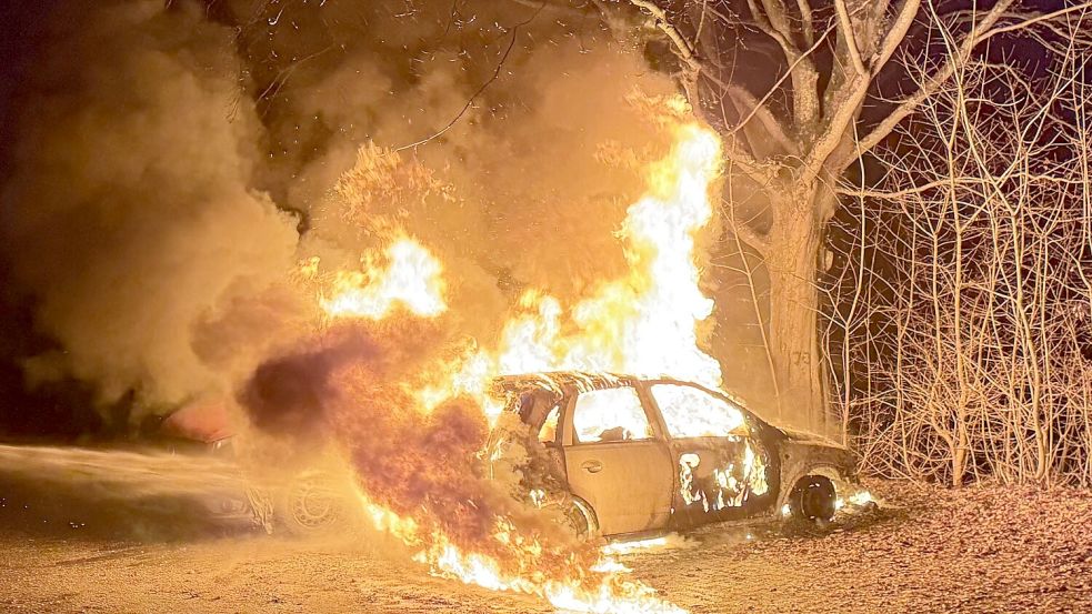 Zwei Fahrzeuge brannten in der Nacht zu Donnerstag in der Brahmsstraße in Leer. Foto: Feuerwehr