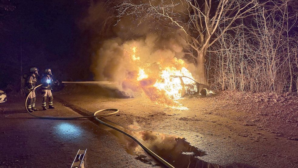 Zwei Fahrzeuge brannten in der Nacht zu Donnerstag in der Brahmsstraße in Leer. Foto: Feuerwehr