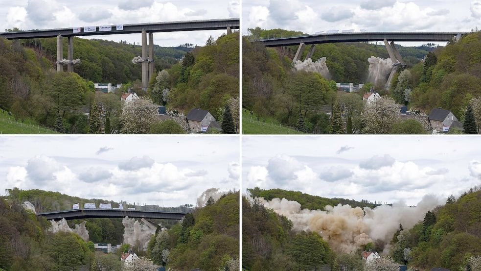 Im Mai 2023 wurde die alte Brücke gesprengt - 17.000 Tonnen Schutt mussten beiseite geräumt werden. (Archivbild) Foto: Christoph Reichwein/dpa