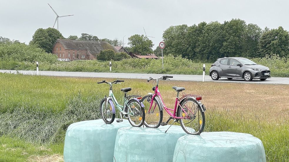 An der L1 stehen seit Mai zur Mahnung Fahrräder am Straßenrand und halten den Wunsch nach einem Radweg im Gedächtnis. Foto: Karin Böhmer