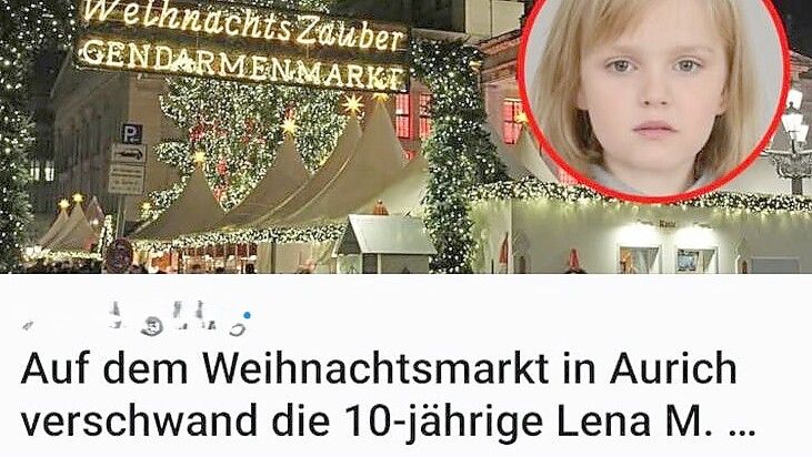 Falschnachricht: Angeblich wird gerade „Lena M.“ in verschiedenen Städten vermisst. Hier soll sie in Aurich verschwunden sein. (Adresse zur Internetseite von uns unkenntlich gemacht.) Screenshot: privat