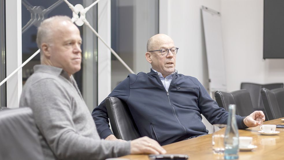 Im Interview mit der Neuen Osnabrücker Zeitung und der Ostfriesen-Zeitung: Ralf Schmitz (links) und Bernd Eikens, die beiden Chefs der Meyer Werft. Foto: Lars Schröer
