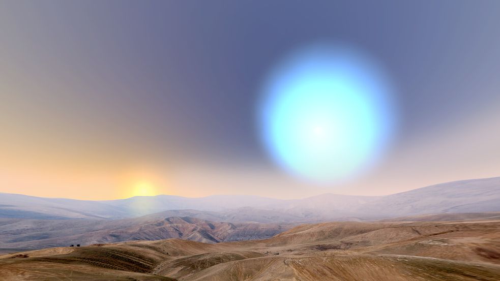 So könnte er ausgesehen haben: Der Komet, bekannt als „Stern von Bethlehem“, am Morgen des 8. Juni im Jahr 5 v. Christus, wie ihn die Sterndeuter bei Sonnenaufgang auf dem Weg von Jerusalem nach Bethlehem gesehen haben könnten. Foto: Stellarium / M. Matney / Amit Lahav on Unsplash / BAA