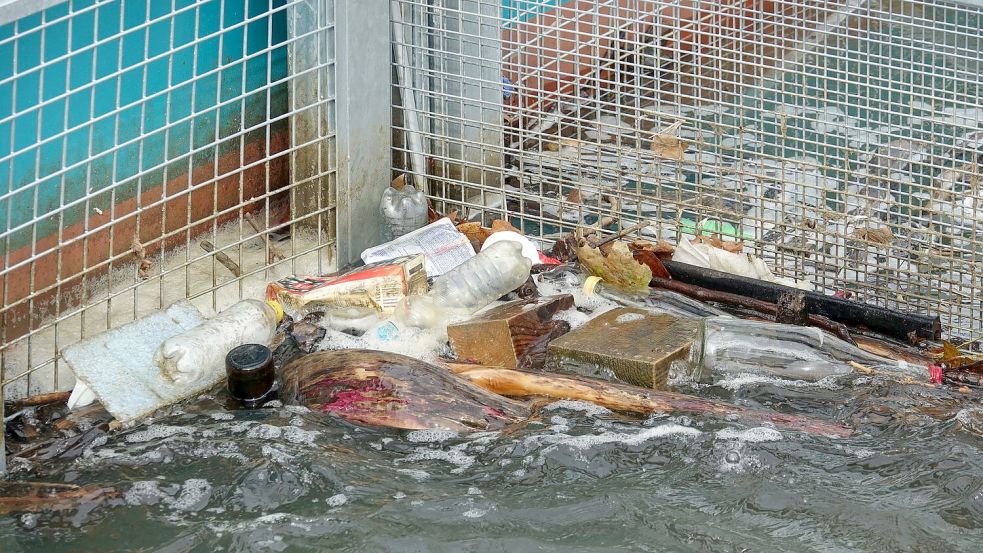 Müll hat sich in den beiden Körben der Müllfalle „RheinKrake“ verfangen. (Handout) Foto: Leandra Hamann/Nature/dpa