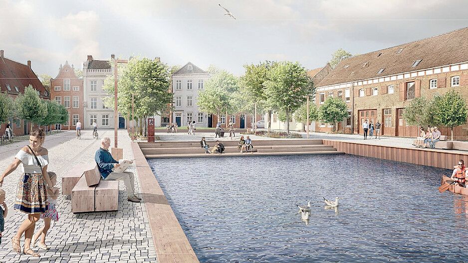 So stellen sich Architekten den Alten Hafen in Weener nach einer Frischzellenkur vor. Visualisierung: NSP Landschaftsarchitekten