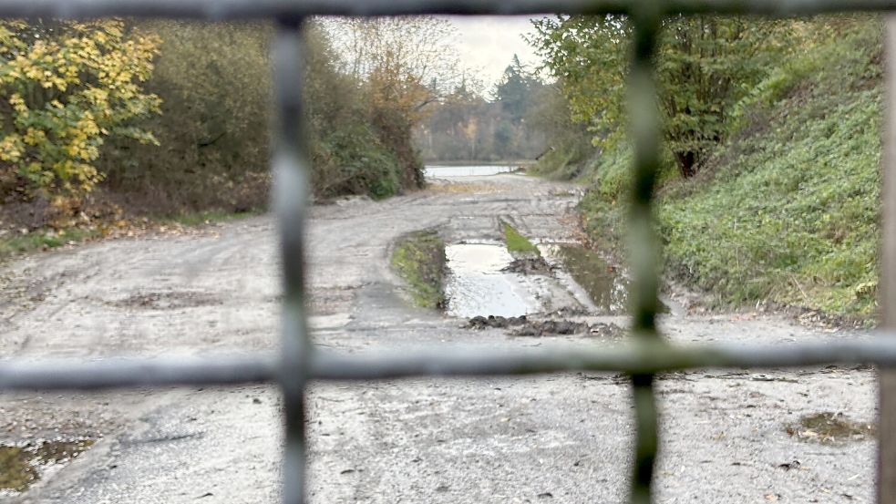 Hinter einem Gittertor liegt der Baggersee, der durch Sandabbau entstanden ist. Die Nachbarn möchten, dass er zum Natursee wird. Foto: Marion Janßen/Archiv