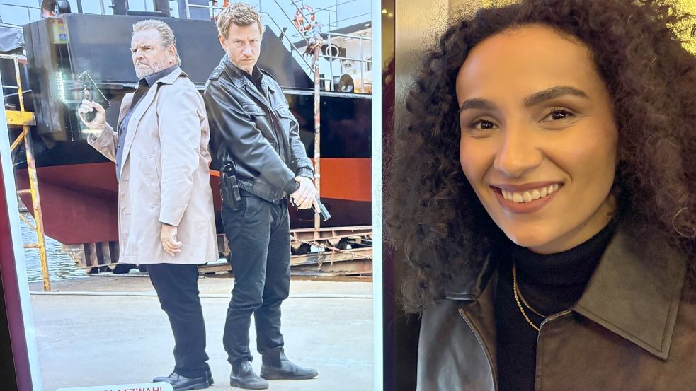 Veronique Coubard neben dem Filmplakat mit ihren Schauspiel-Kollegen Maxim Mehmet (rechts) und Felix Vörtler. Foto: Oliver Bär