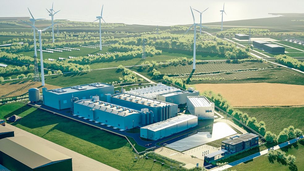 So wie in dieser Visualisierung soll der Elektrolyseur in Emden, der derzeit gebaut wird, aussehen. Über eine Leitung soll der dort produzierte Wasserstoff in Richtung Leer fließen. Foto: EWE