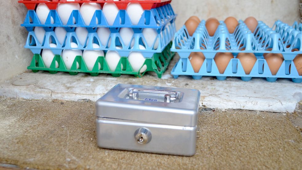 Die Kasse, in die die Kundschaft das Geld für die Eier legt, ist mit dem Schrank fest verschraubt. Foto: Astrid Fertig