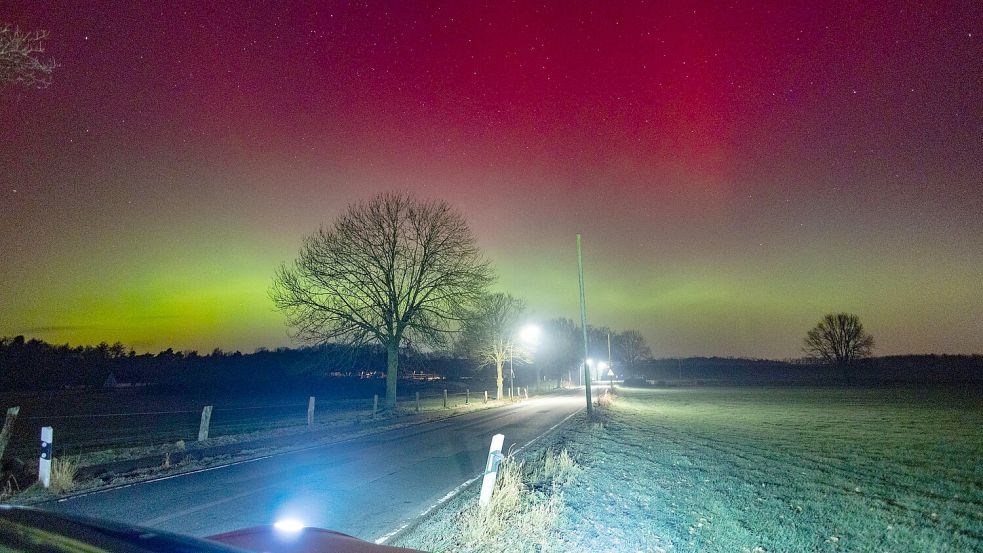 Polarlichter, hier über dem Stadtteil Hellern in Osnabrück: Ein seltenes Naturschauspiel über unserer Region. Foto: Jakob Rüter