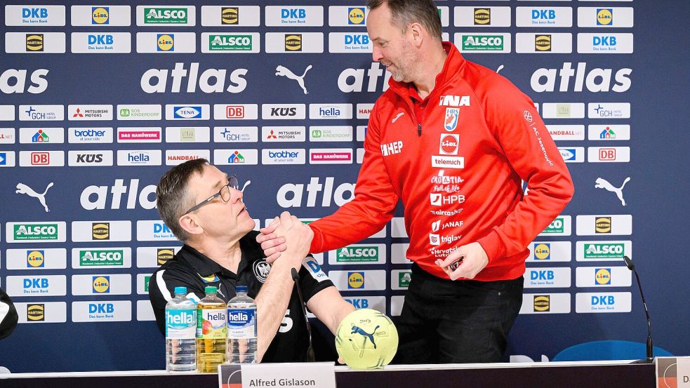 Kennen und schätzen sich: Deutschlands Trainer Alfred Gislason (links) und Kroatien-Coach Dagur Sigurdsson. Foto: Imago/Wolf-sportfoto