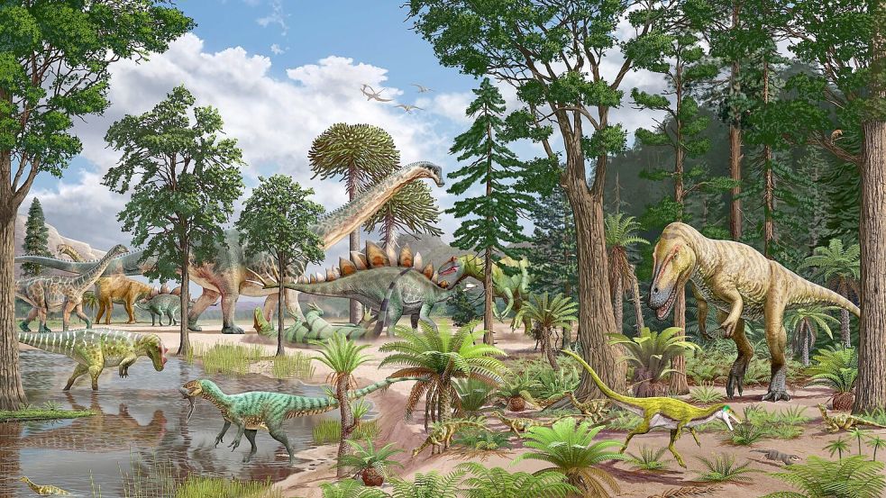 Künstlerische Darstellung des Ökosystems der Dry Mesa Dinosaur Quarry vor etwa 150 Millionen Jahren im heutigen US-Staat Colorado Foto: Sergey Krasovskiy; Pedro Salas/E