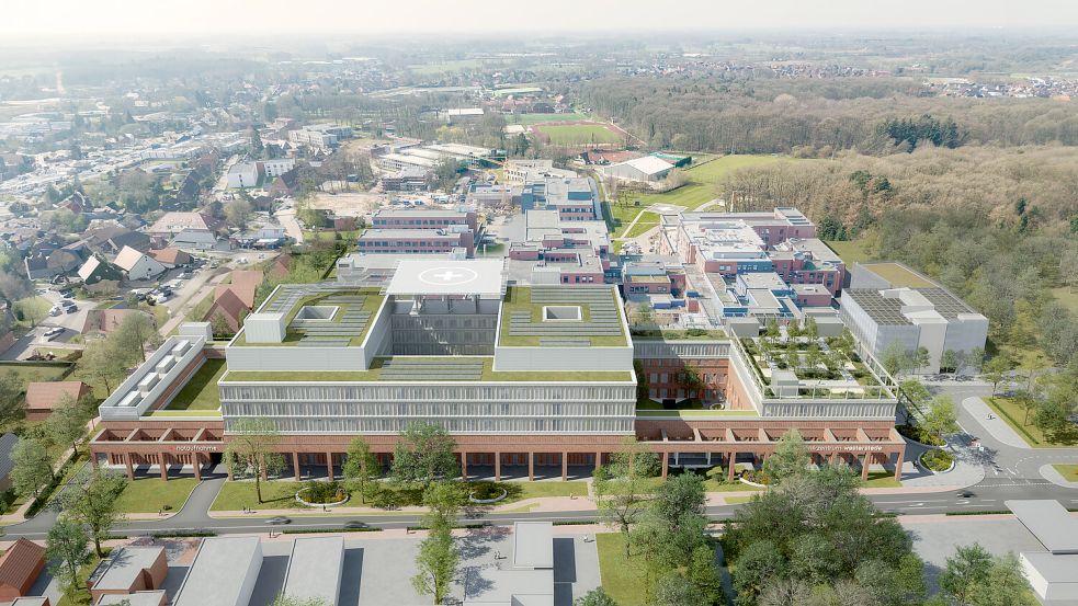 So wird der Neubau der Ammerland-Klinik aussehen (vorne) – dahinter liegen das Bundeswehrkrankenhaus (Querriegel) und die alten Gebäude, rechts am Bildrand ist das Parkhaus zu sehen. Projektgrafik: Architekten „heinlewischer“