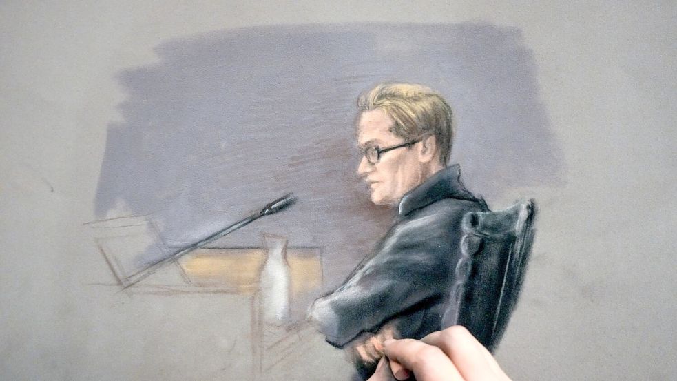 Marius Borg Høiby darf während des Prozesses nicht fotografiert werden. So stellt ihn ein Gerichtszeichner am zweiten Verhandlungstag dar. Foto: Ane Hem/Pool NTB Scanpix/AP/dpa