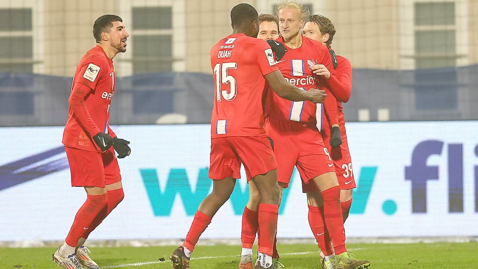 Die Spieler des TSV Havelse haben momentan viel Grund zum Jubeln: Zuletzt gab es einen 3:1-Sieg gegen Aue. Foto: imago/Picture Point