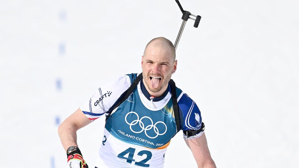 Emilien Jacquelin machte sich über seinen Konkurrenten Laegreid lustig. Foto: Hendrik Schmidt