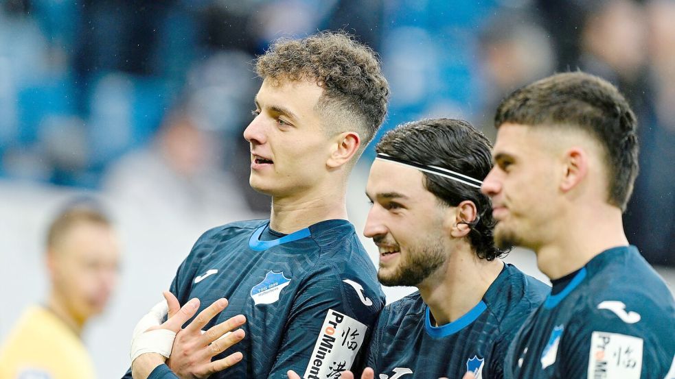 Torschütze Fisnik Asllani (l.): Hoffenheim wirbelt und feiert. Foto: Uwe Anspach