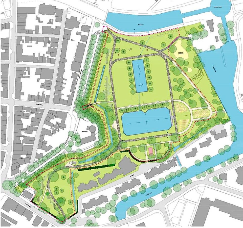 Das ganze Parkgelände soll saniert werden – insbesondere die brüchigen Uferlinien und nassen Wege. Grafik: Stadt Emden