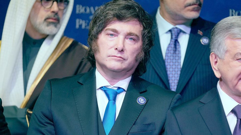 Der argentinische Präsident Javier Milei nahm an der ersten Sitzung des Friedensrats teil. Foto: Mark Schiefelbein/AP/dpa