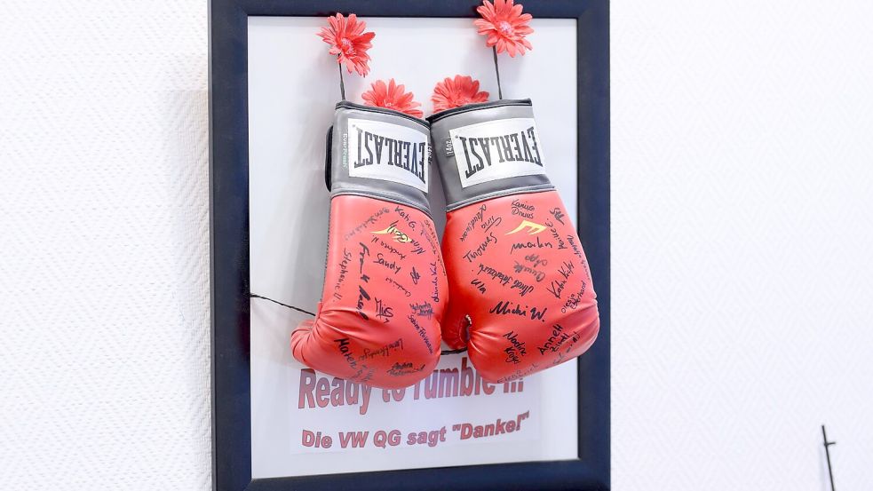 Die Boxhandschuhe in ihrem Büro erinnern an einen harten Arbeitskampf, bei dem sich Daniela Cavallo für die Übernahme von Beschäftigten einer VW-Tochtergesellschaft eingesetzt hat. Foto: Julian Stratenschulte