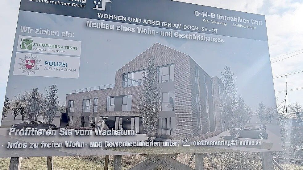 Auf dem Eckgrundstück des Dockgeländes entsteht ein Gebäude mit Wohnungen und Gewerbeflächen, unter anderem mit neuen Räumen für die Polizeistation Augustfehn. Foto: Gemeinde Apen