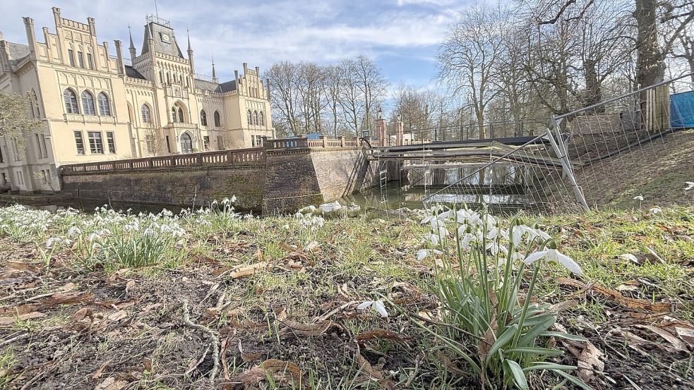 Vor der Evenburg blühen Schneeglöckchen. Die Brücke im HIntergrund kann man noch nicht nutzen. Foto: Jonas Bothe