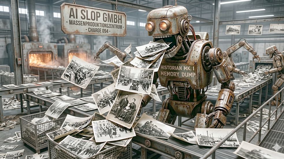 Massenhaft ins Netz geworfene Billig-KI-Ware: „AI Slop“ funktioniert auch bei historischen Themen. Foto: Maik Nolte / erstellt mit Gemini