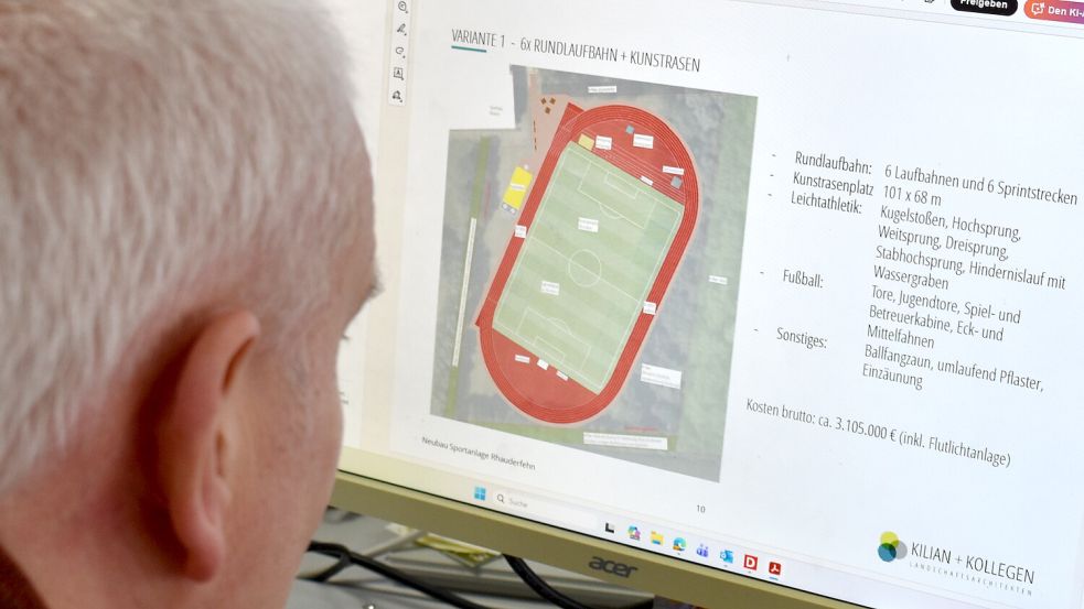 Auf dieser Skizze ist dargestellt, wie die Leichtathletikanlage mit Kunstrasenplatz an der Werftstraße in Rhauderfehn aussehen soll. Foto: Henrik Zein