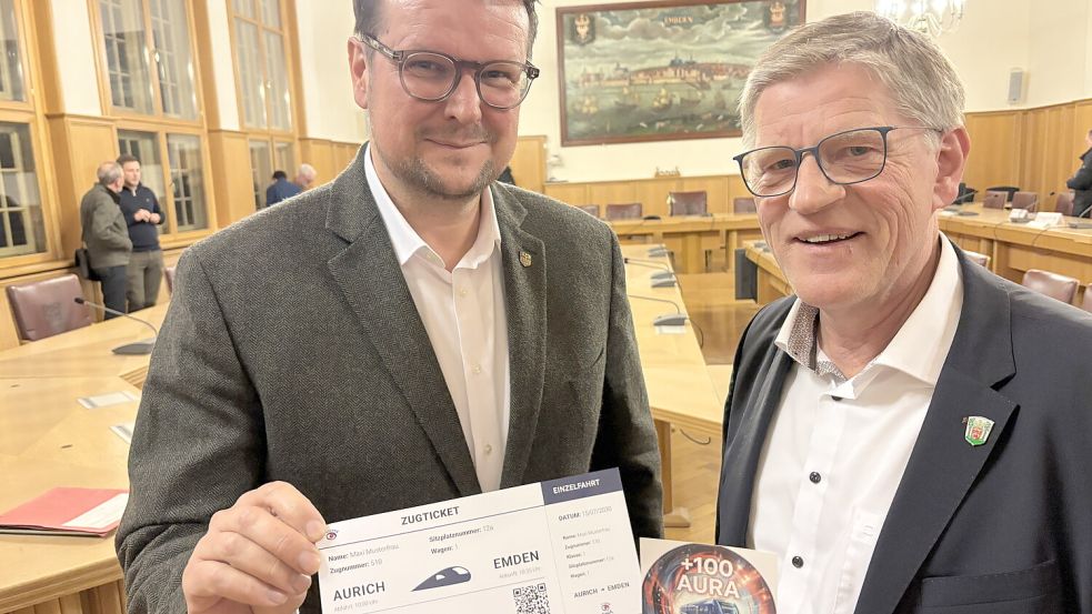 „Plus 100 Aura“ auf dem Werbesticker und eine Fahrkarte für 2030: Der Emder Oberbürgermeister Tim Kruithoff (links) und der Auricher Bürgermeister Horst Feddermann warben im Emder Ratssaal für den Bahn-Ausbau. Foto: Aiko Recke
