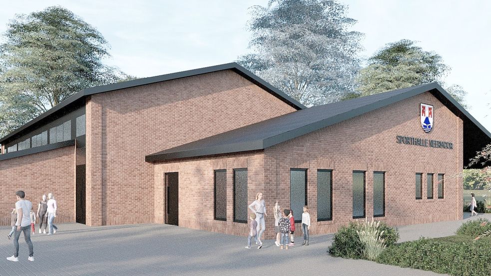So könnte die Sporthalle aussehen. Animation: Gemeinde Moormerland