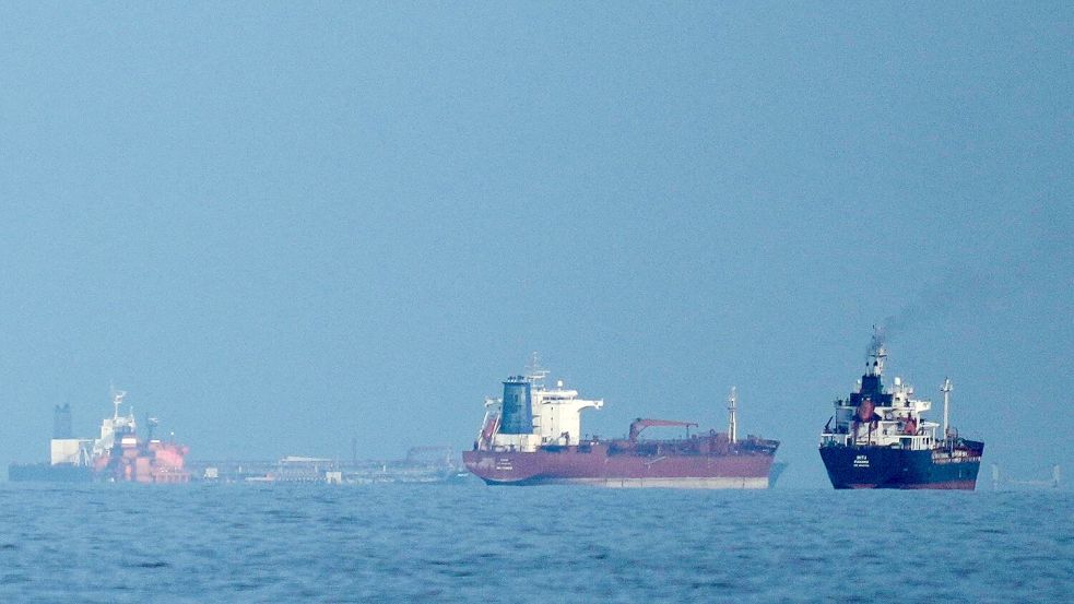 Öltanker und Frachtschiffe reihen sich in der Straße von Hormus auf. (Archivbild) Foto: Altaf Qadri/AP/dpa