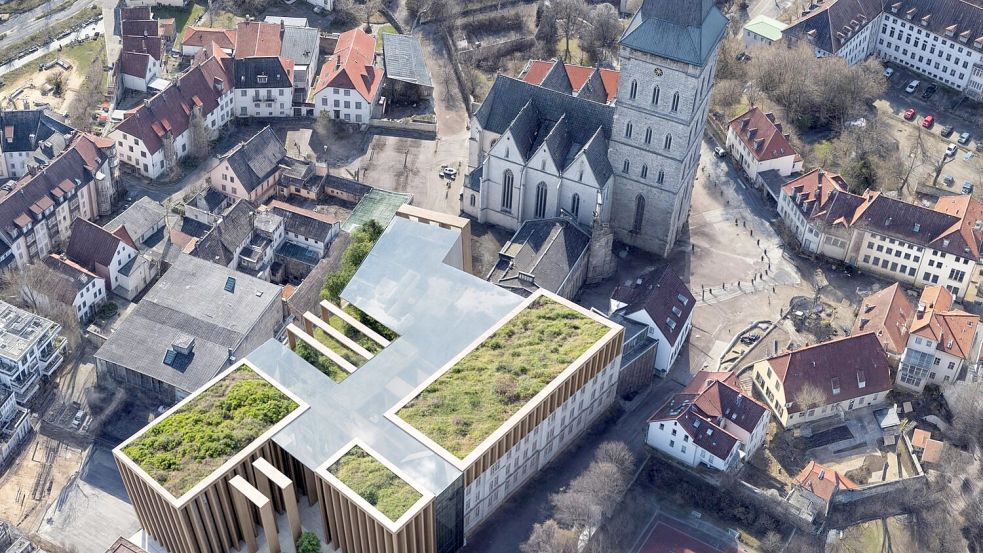 Kühner Entwurf: Die ehemalige Hauptschule Innenstadt zwischen Katharinenkirche und Gerichtszentrum soll zu einem „Haus des Wissens“ umgebaut werden. Das schlägt ein Kreis prominenter Osnabrücker vor. Foto: Initiativkreises Haus des Wissens – Die neue Stadtbibliothek