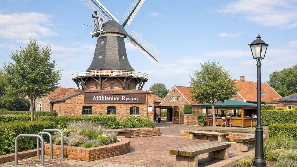 Der Platz vor der Rysumer Mühle als kleines Dorfzentrum zum Beisammensein – die KI hat viele Ideen für dieses Gebiet. Grafik: ChatGPT/Heinz Wagenaar