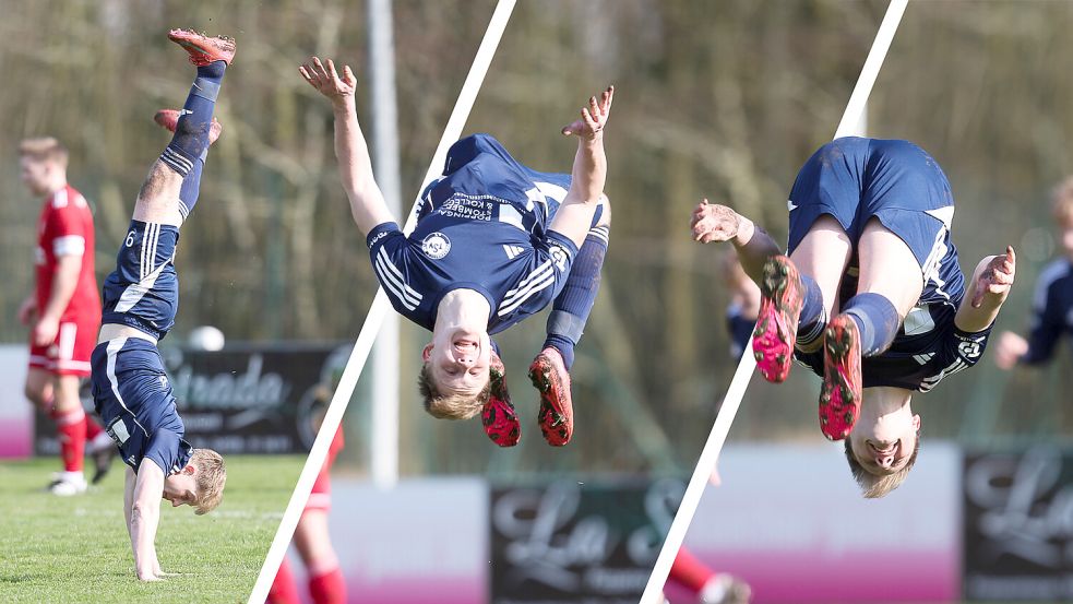 Mit einem Radschlag beginnt Jannes Popp seinen Jubel. Die Saltos auf dem Fußballplatz vollendet Jannes Popp im sicheren Stand. Foto: Jens Doden, Emden; Collage: Assing