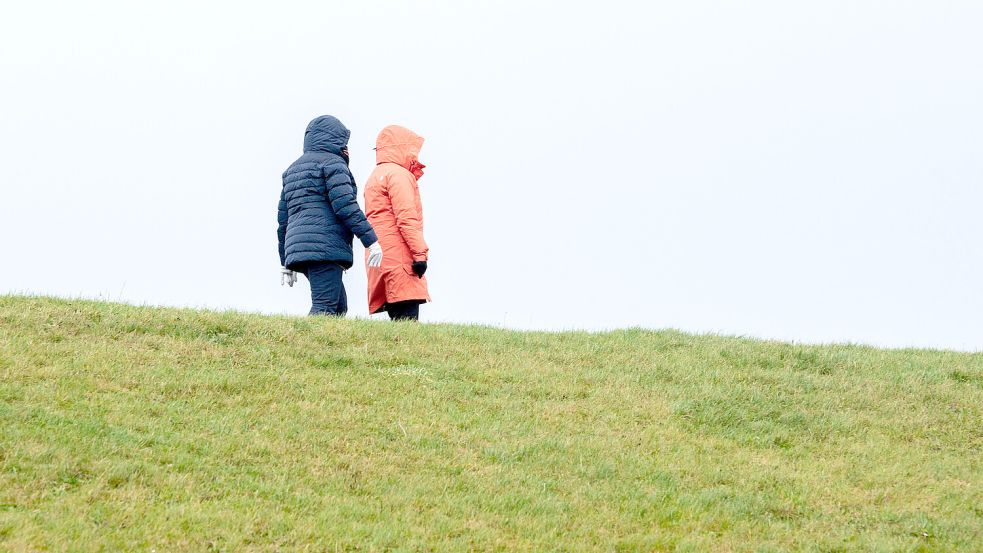 Auch wenn das Wetter sonnig wird: An der Küste bleibt es kühl – wer auf dem Deich spazieren gehen will, sollte sich warm anziehen. Symbolfoto: Hauke-Christian Dittrich/dpa