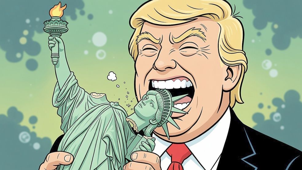 Eine neue Studie zeigt den rasanten Rückgang der Demokratie in den Vereinigten Staaten. Donald Trumps Politik wird dabei klar als Grund ausgemacht. Foto: mit KI erstellt von Matti Gerstenlauer via Grok